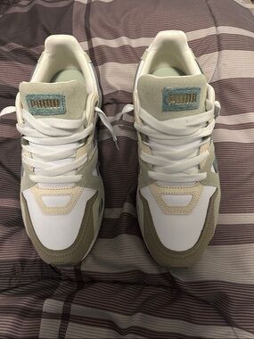 Puma White, Light Green Suede-Trim Sneakers